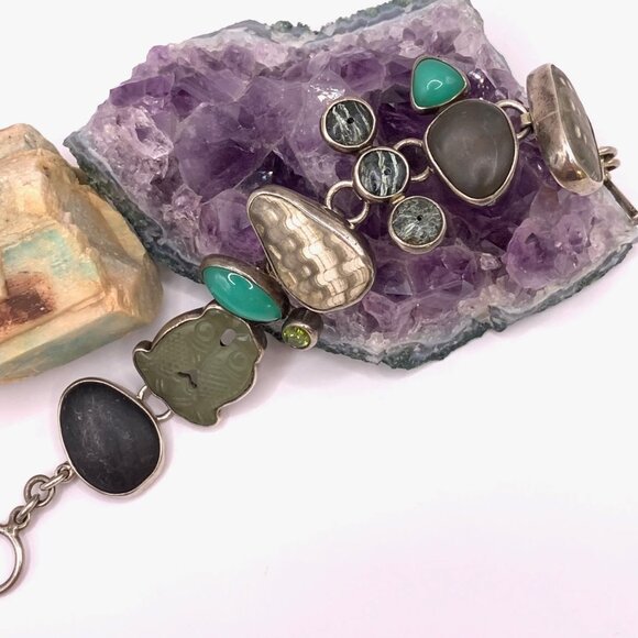 THE DREAMER Vintage Sterling Silver 925 Fossil Stone Boho Unique Bracelet #788 - Picture 7 of 13